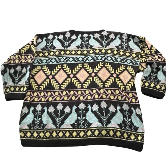80s 90s Sweater Size L/XL New Wave Fair Isle Blue Bird Fuzzy Crewneck Pastel - Picture 2 of 9